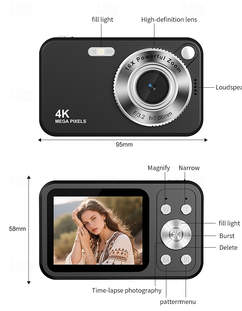 Câmera digital 4K para fotografia, 64MP, com foco automático, ideal para vlogs no YouTube, zoom de 16x, compacta, perfeita para estudantes, iniciantes e adolescentes. Câmera portátil do tipo "apontar de 2026 por $44.99 –P11
