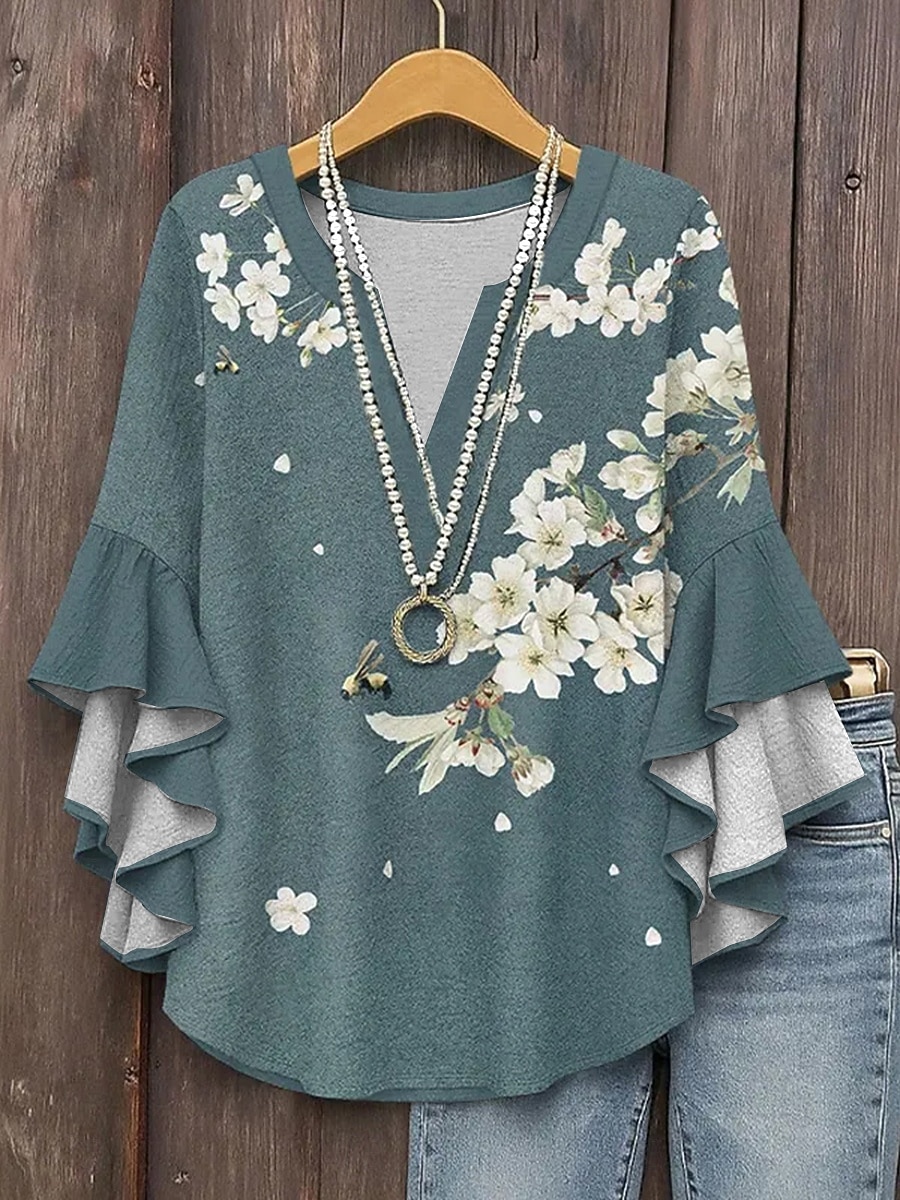 Dames Overhemd Blouse Ruche Afdrukken Bloemig Grafisch Vakantie Dagelijks Retro vintage Halve mouw V-hals Lange tops Dagelijks Feestdagen Uitgaan Wit Leger Groen Groen Zomer Lente Herfst 2026 - $32.99 –P2