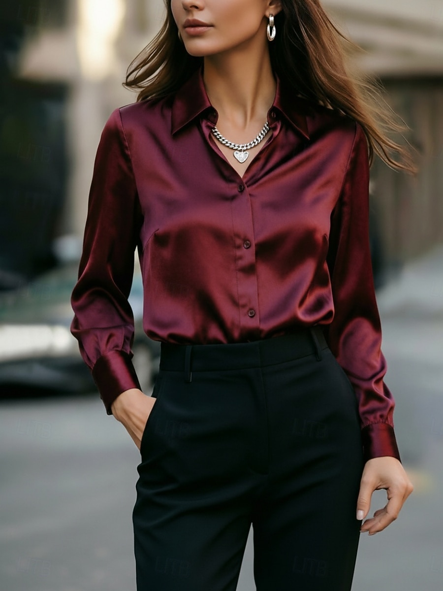 Pentru femei Cămașă Cămașă cu nasturi Cămașă casual Bluză Nasturi Culoare solidă Stilat De Bază Clasic Manșon Lung Guler Cămașă Topuri obișnuite Zilnic Concediu Ieșire Roșu Vin Maro Trifoi Gri Var 2026 - $28.99 –P4