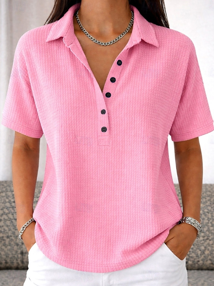 Tunică pentru femei cu vafe cu nasturi culoare solidă simplă vintage stil elegant clasic maneci scurte guler rabatabil tops regulare zilnic alb roz albastru deschis vară primăvară 2026 - $27.99 –P8