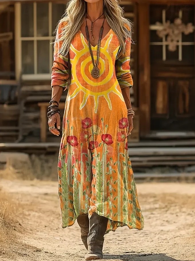 Damen Maxikleid Sommerkleid Urlaub Lässig Boho Täglich Lässiger Schnitt Blumen Langarm V Ausschnitt Blau Schwarz Gelb Rote Sommer Frühling 2026 - $41.99 –P1