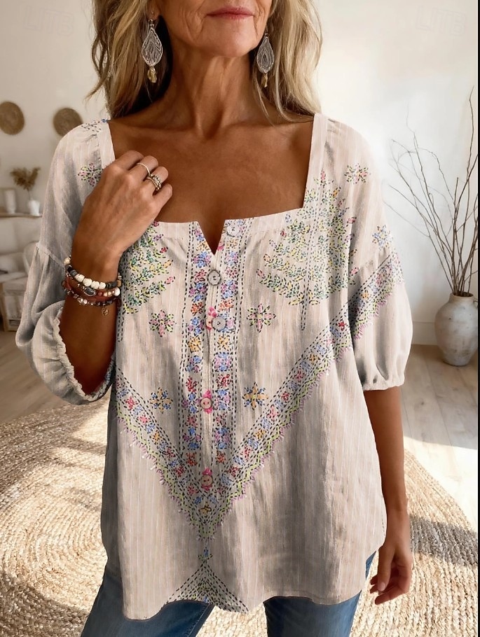 Per donna Blusa Bottoni Stampato Floreale Grafico Quotidiano Elegante Essenziale Mezza Manica Collo quadrato Top lunghi Quotidiano Giallo Verde Beige Azzurro Estate Primavera del 2026 a $29.99 –P3