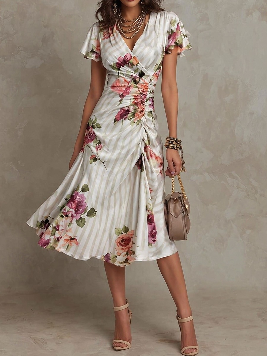 Mujer Vestido Midi Vestido tubo Vacaciones Fiesta Cumpleaños Fiesta Invitado a la boda Cumpleaños Ajuste regular Floral Manga Corta Escote en Pico Beige Verano Primavera 2026 - $45.99 –P1