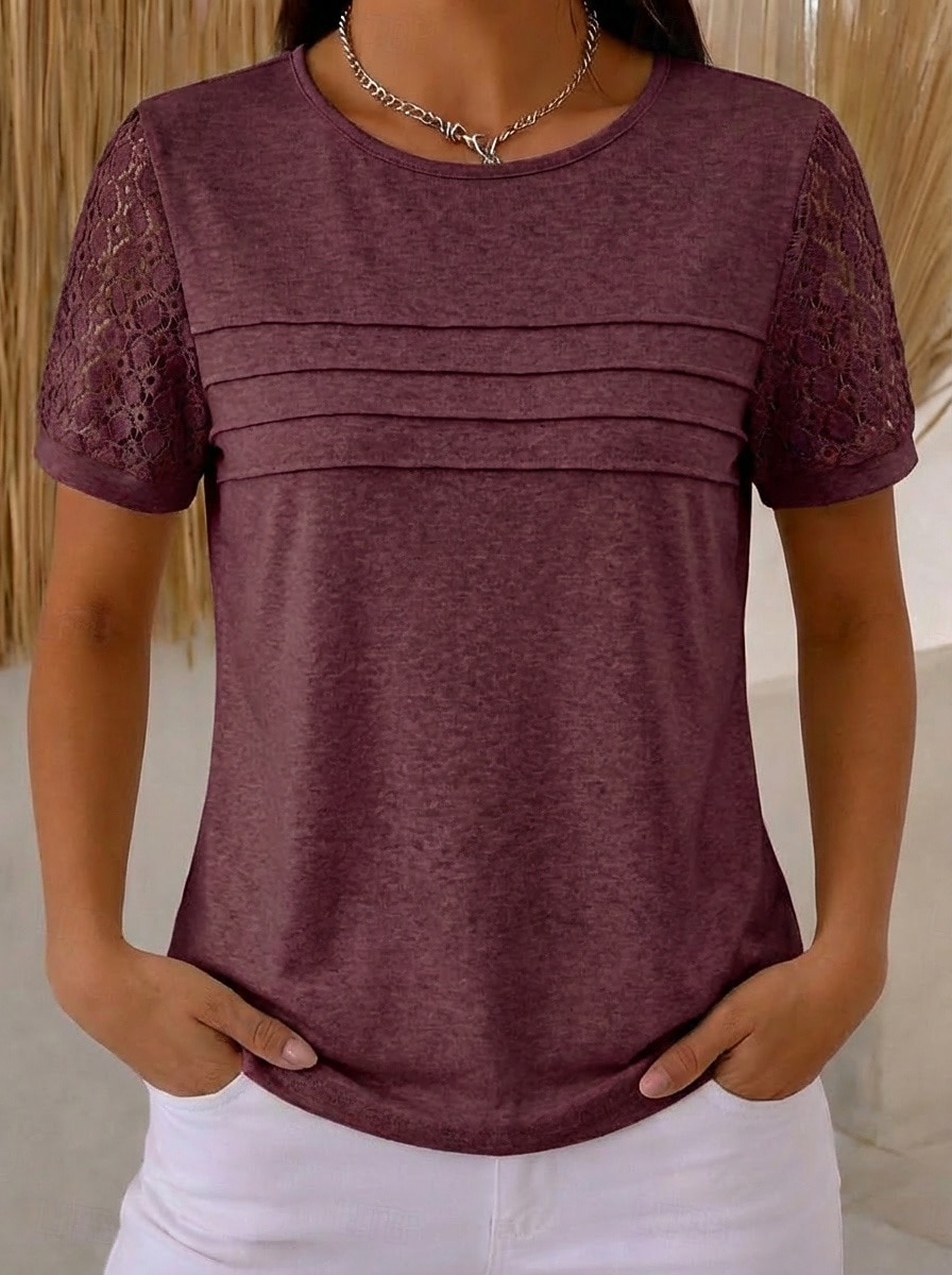 Mujer Blusa Tops de encaje Encaje Plisado Plano Elegante Moderno Sin Mangas Cuello Barco Tops regulares Casual Playa Festivos Negro Rosa Vino Beige Verano Primavera 2026 - $19.99 –P4