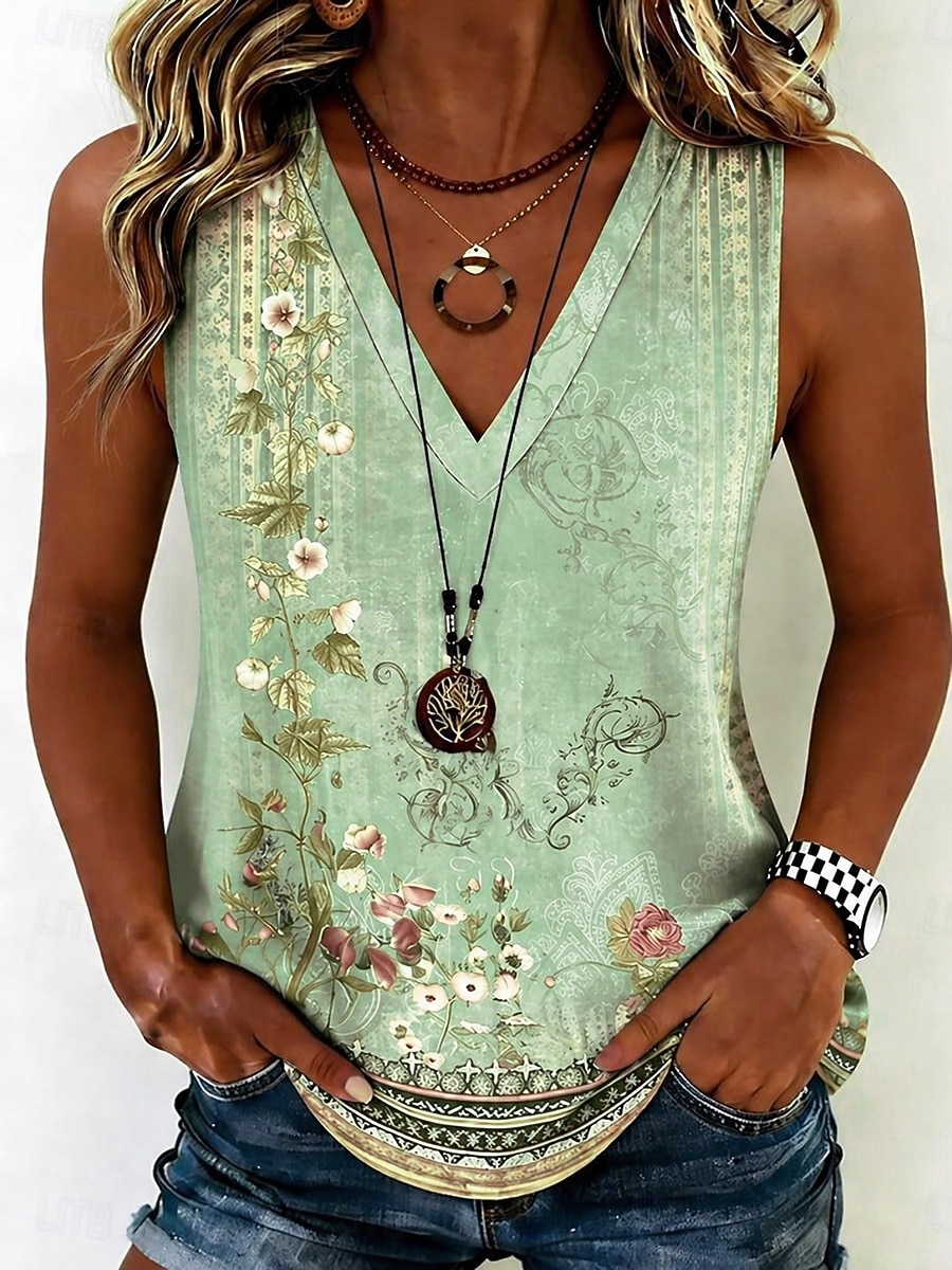 Mujer Camiseta sin mangas Estampado Floral Graphic Plantas Elegante Sin Mangas Escote en Pico Tops regulares Casual Azul Piscina Verde Claro Rosa Púrpula Claro Morado Verano Primavera 2026 - $21.99 –P8