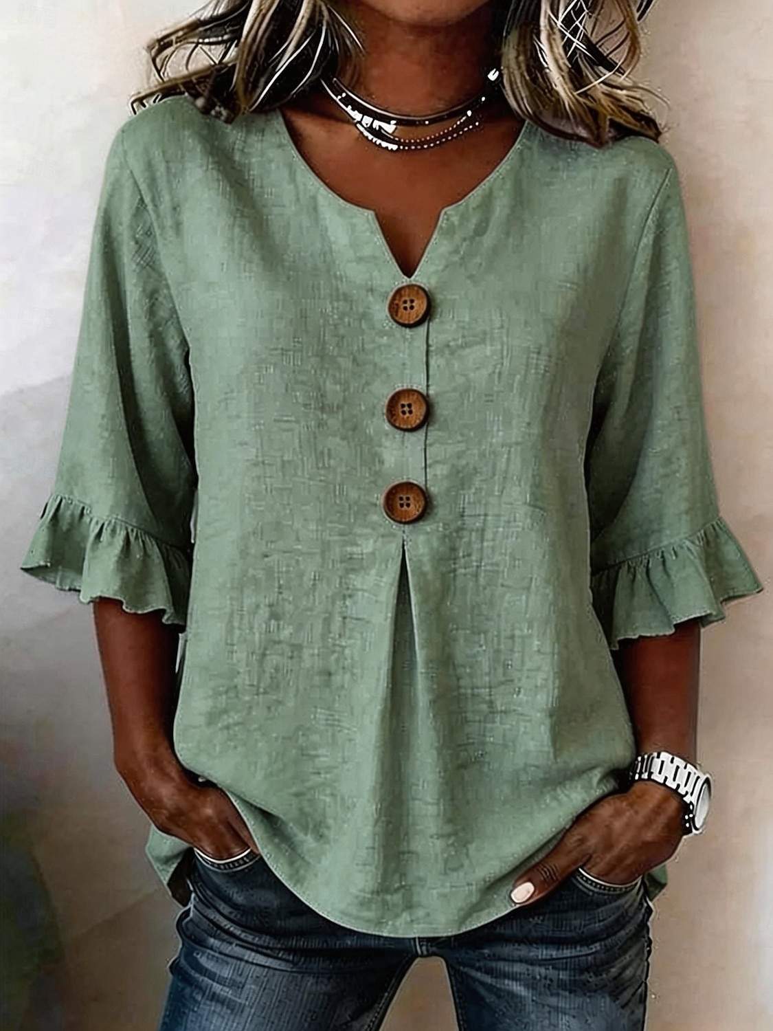 Damen Bluse Rüsche Knöpfe Einfarbig Stilvoll Basic Lässig Dreiviertelarm V Ausschnitt Normale Oberteile Täglich Blau Weiß Marineblau Grün Sommer Frühling Herbst 2026 - $29.99 –P3