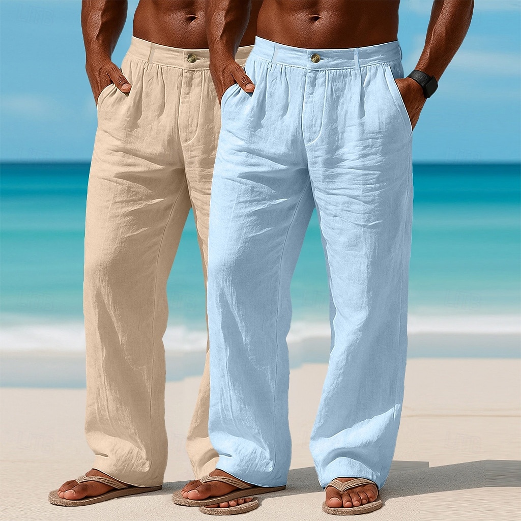 Homme Pantalons en Lin Pantalons Pantalon d'été Pantalons Amples Pantalons de Plage Avec Poches Uni Confort Respirant Longueur complète Occasionnel Quotidien Extérieur Vacances Mode Blanc + kaki de 2026 ? $41.99 –P4