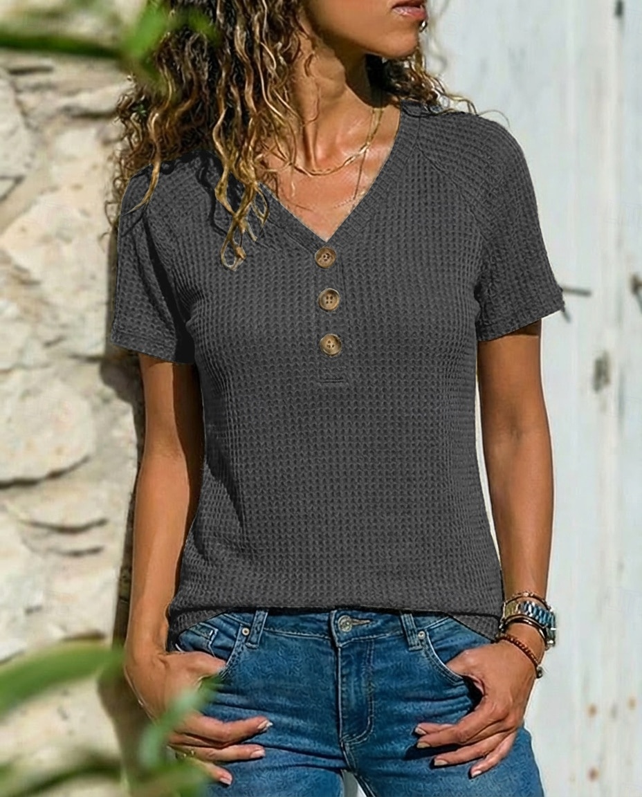 Mujer Camiseta Tops de punto gofre Camiseta superior Botones Color sólido Moda Elegante Clásico Manga Corta Escote en Pico Tops largos Diario Noche Fin de semana Azul Piscina Amarillo Rosa Verde 2026 - $22.99 –P5