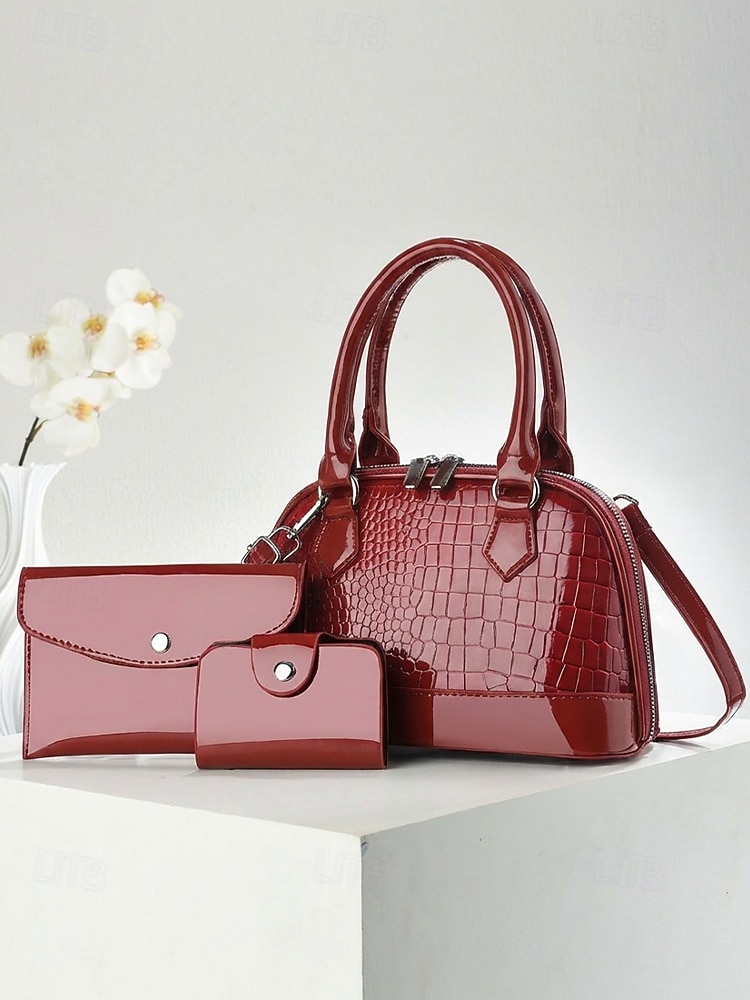 Conjunto de tres bolsos de mujer de piel sintética charol con relieve de cocodrilo, bolso bandolera multicolor con asa superior y correa ajustable, monedero y tarjetero para viajes y uso casual. 2026 - $29.99 –P8
