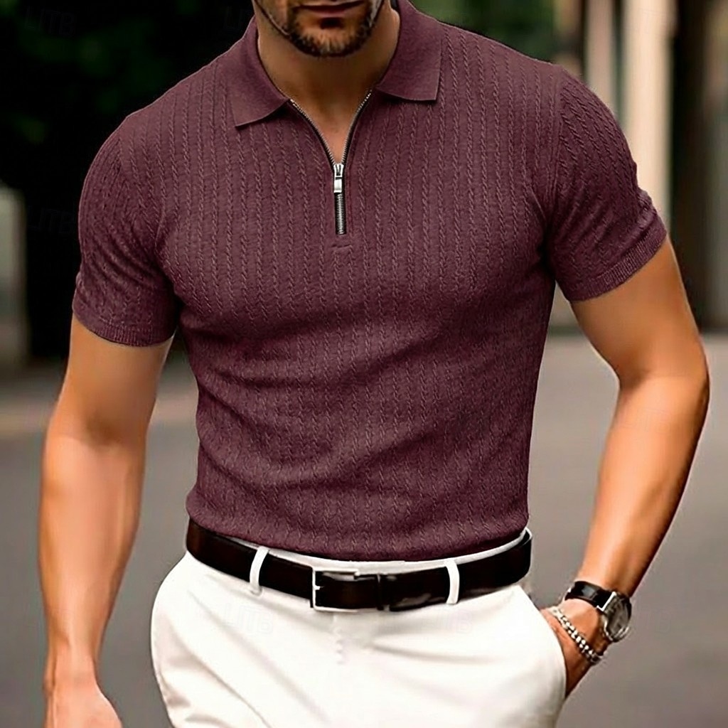 Voor heren Polo met rits Met Textuur Casual Feestdagen Revers Kwart ritssluiting Korte mouw Modieus Basic Effen Jacquard Kwart ritssluiting Zomer Lente Getailleerd Zwart Wit Bordeaux khaki Leger 2026 - $22.99 –P9