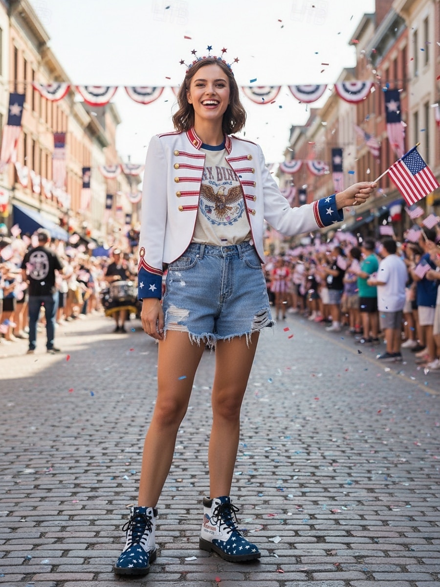 Γυναικείες πατριωτικές μπότες μάχης - σχέδιο με αστέρια και ρίγες με έντονα γραφικά για παρελάσεις, 4η Ιουλίου, 250ή επέτειο των ΗΠΑ και υπαίθριες γιορτές 2026 - $69.99 –P4