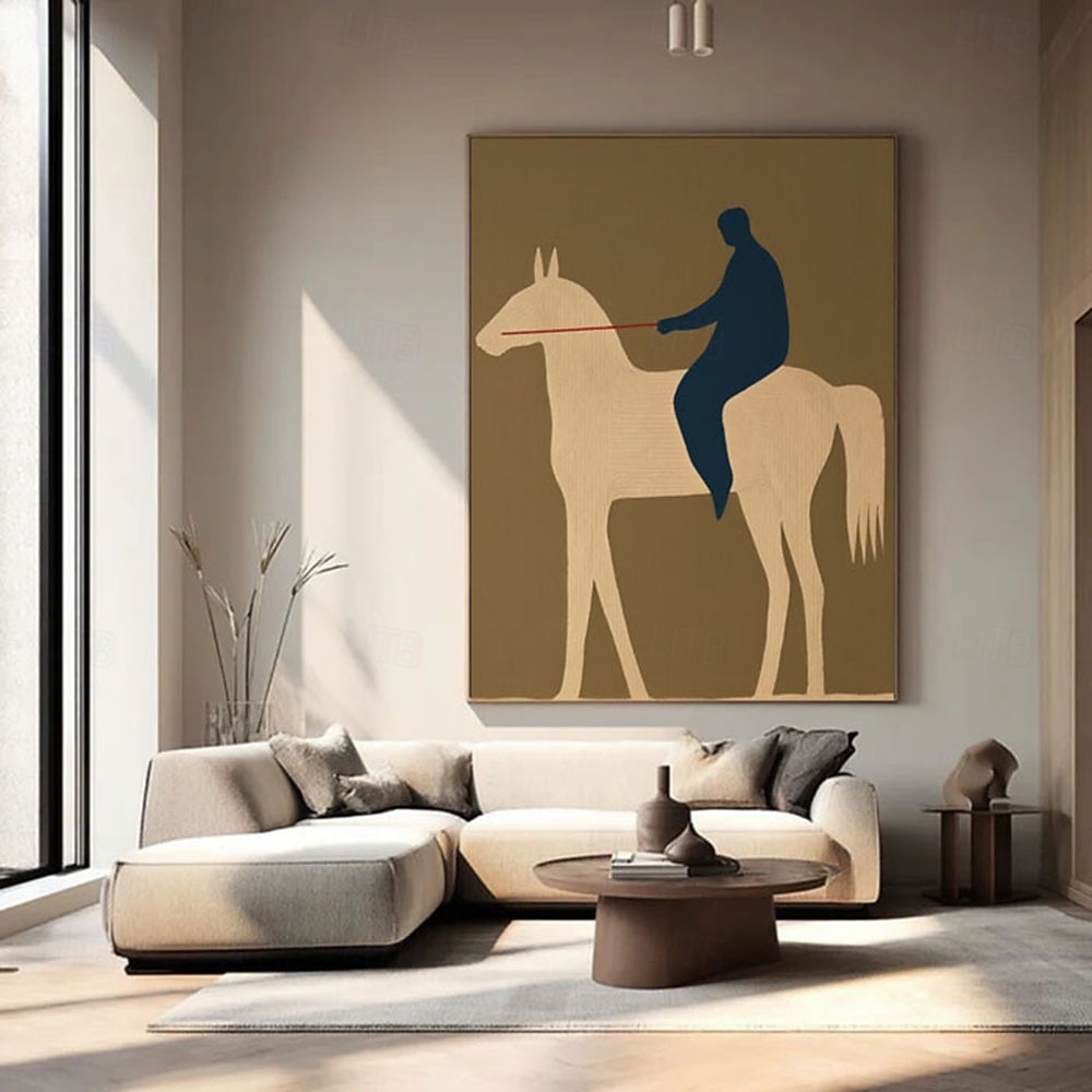 Original Racehorse Wall Art Beige Abstract Horse Rider Figure Painting ...