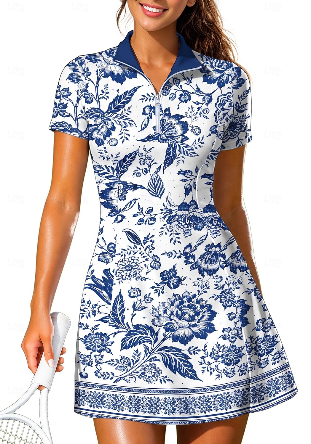 Damen Blumenmuster Böhmische Tenniskleid Sportkleid Kurzarm Druck Atmungsaktiv Volleyball Tennis Golfspiel Polokragen Reißverschlusskragen Kleid Blau und Weiß Schwarz Rosa Tennisbekleidung 2026 - $27.99 –P1