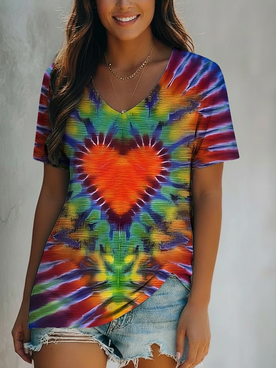 Per donna Maglietta Stampato Cuore Grafico Tinta a nodi Bohemien Vintage Casual Manica Corta Scollo a V Top Regolari Quotidiano Arcobaleno Estate Primavera del 2026 a $13.99 –P1