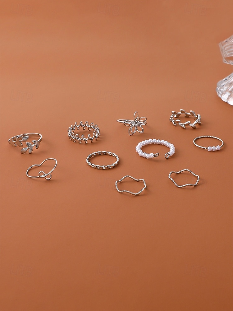 Justerbart bohemiskt ringset med 10 delar för kvinnor, stapelbara fingerringar i guld- och silverfärgad legering för strandsemester, festivalstil och vardagskläder 2026 - $9.99 –P7