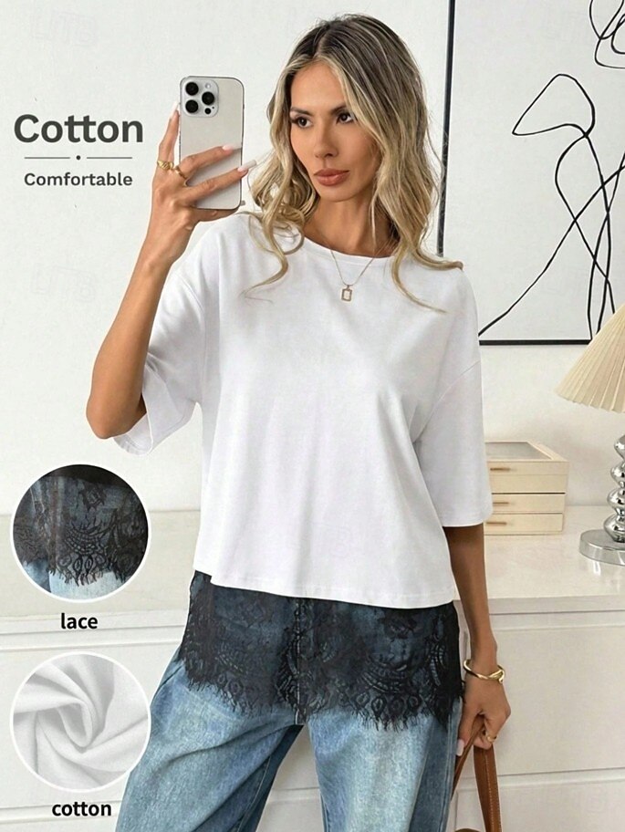 Dame 100% قطن Kontrast blonder Stilfull Klassisk Kortermet Crew-hals Vanlige topper Avslappet Svart Hvit Sommer Vår 2026 - $24.99 –P7