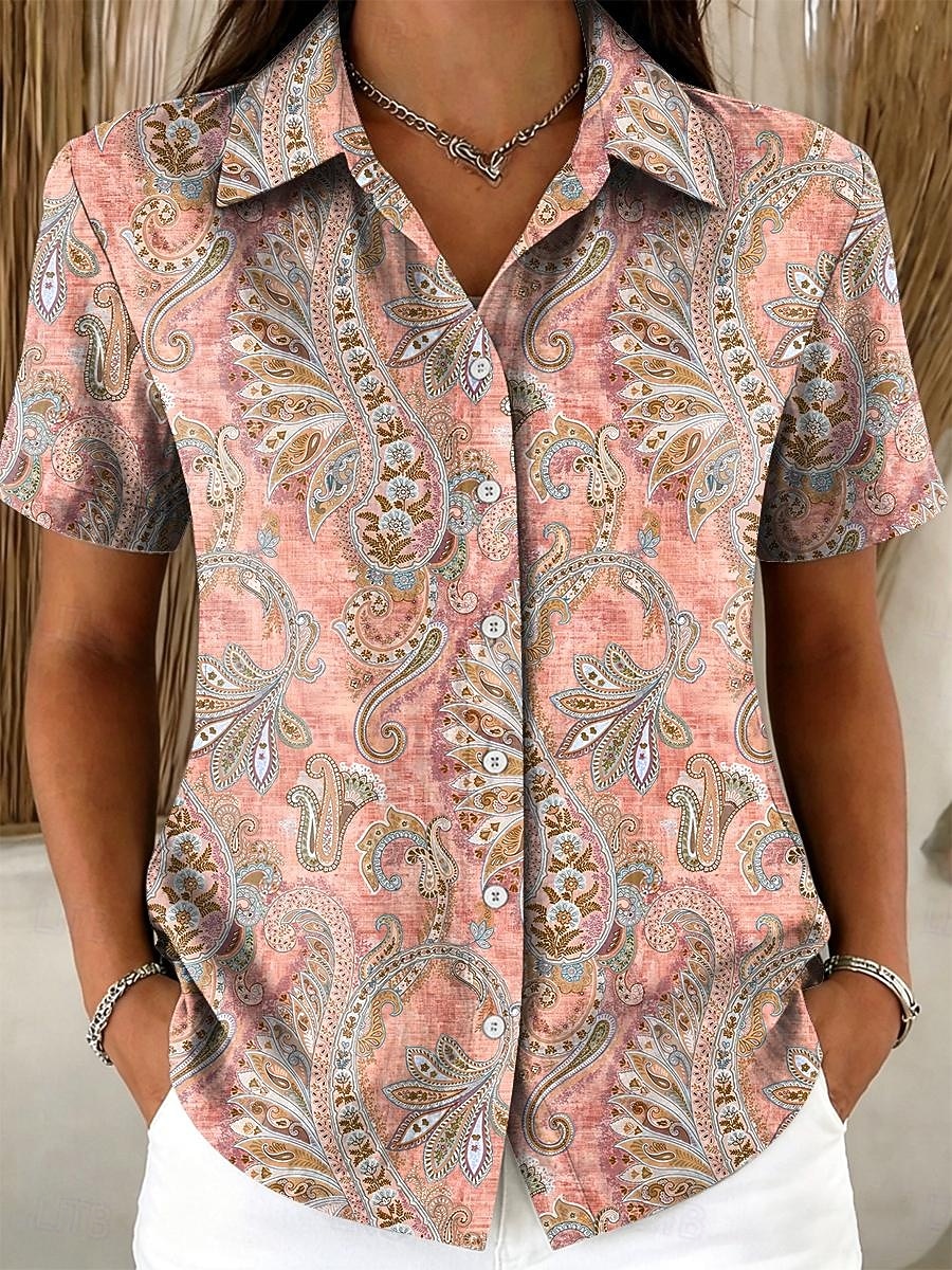 Γυναικεία Πουκάμισο Κουμπιά Στάμπα Γραφική Λαχούρι Βίντατζ Στυλάτο Μοντέρνα Κοντομάνικο Κολάρο Πουκαμίσου Κανονικά μπλουζάκια Causal Καθημερινά Θαλασσί Κίτρινο Ανθισμένο Ροζ Βαθυγάλαζο Βυσσινί 2026 - $26.99 –P4