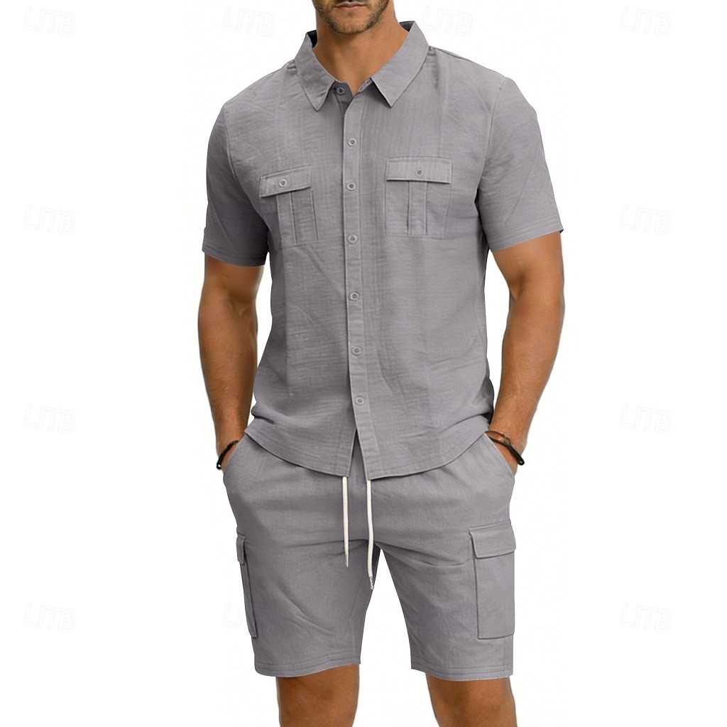 Homens Camisa de linho 2 Peças Conjunto de camisa E Bermuda Cargo Calção Shorts de linho Definir Tecido Diário Ao ar livre Férias Aberto para a Lateral Manga Curta Verão Moda Casual Confortável Roupa de 2026 por $32.99 –P20
