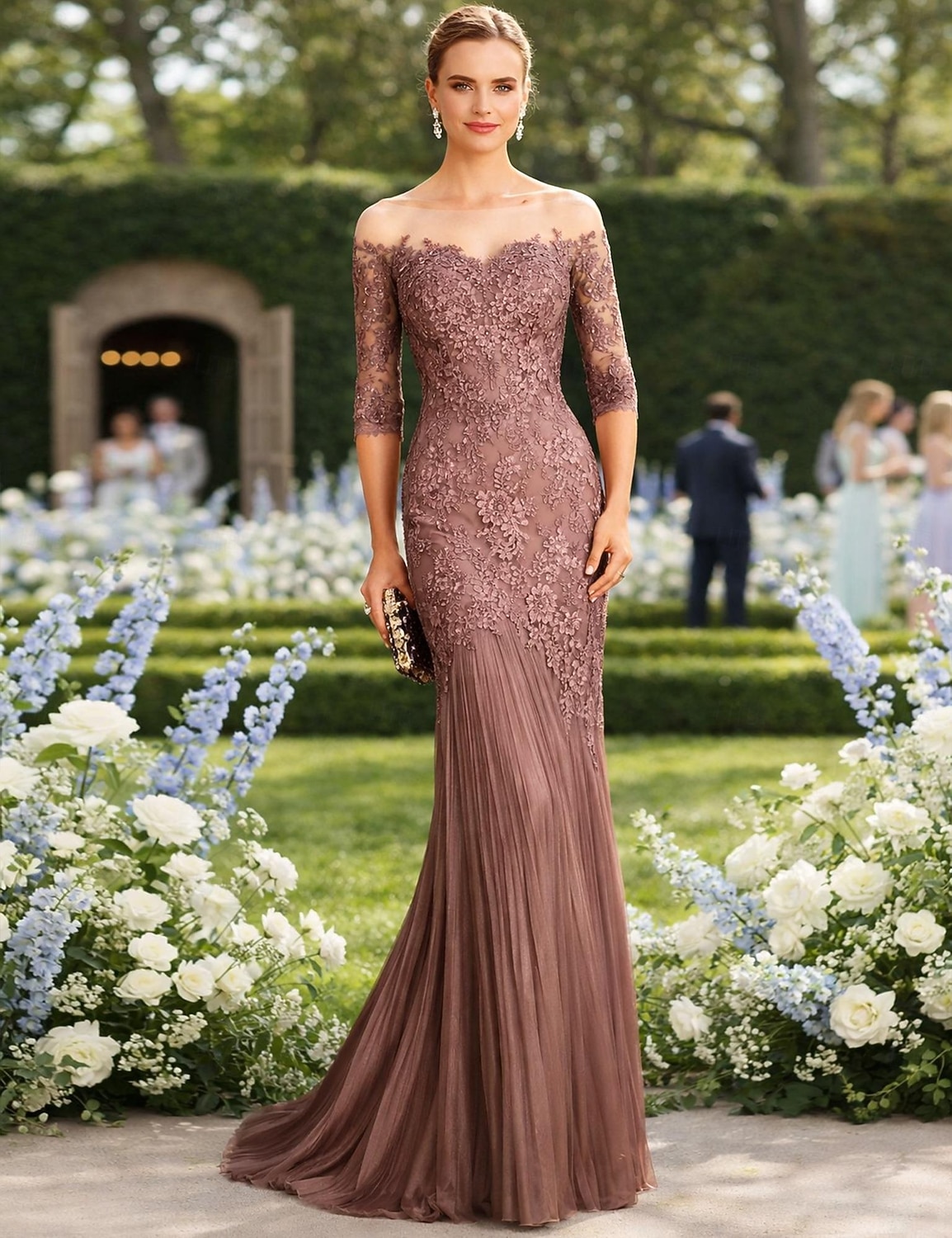 Syrena Tren sweep Suknia Suknia wieczorowa Sukienka dla matki panny młodej Rękaw 1/2 Łódeczka Elegancja Formalny Gość weselny Koronka Tiul z Haft nakładany 2026 - $208.99 –P1