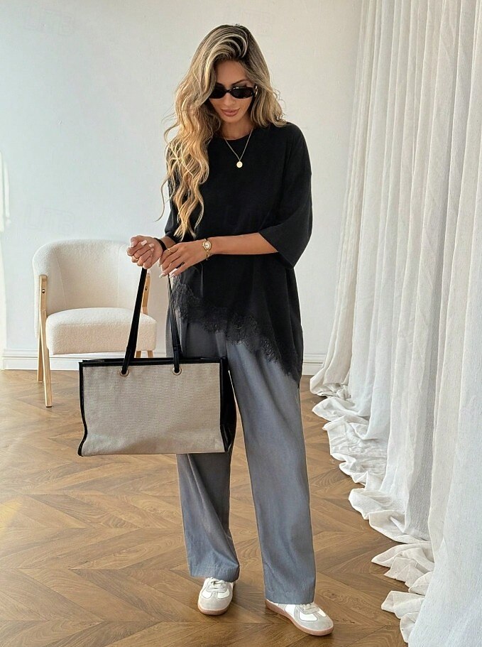 Γυναικεία Κομψή Χιτώνας Μπλουζάκι Ασύμμετρο στρίφωμα Σκέτο Κομψό Βοημία Κοντομάνικο Στρογγυλή Ψηλή Λαιμόκοψη Μακριές μπλούζες Causal Μαύρο Λευκό Καλοκαίρι Άνοιξη 2026 - $22.99 –P9