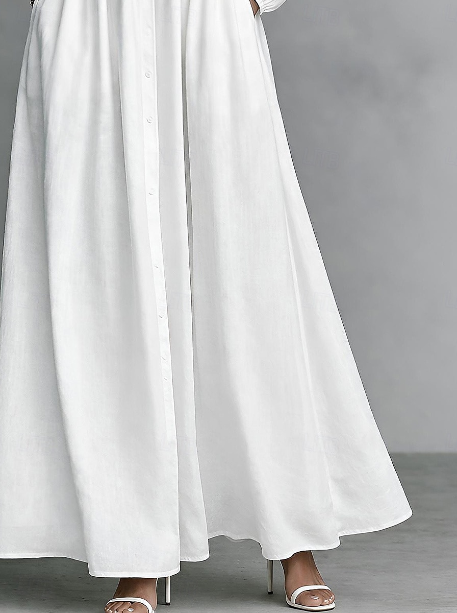 Жен. Длинное платье Платье-рубашка Белое платье Платье на выпускной Элегантный стиль Мода Современное на открытом воздухе Отпуск На выход Стандартный Полотняное плетение Длинный рукав Вырез под горло 2026 - NZ $76.09 –P3