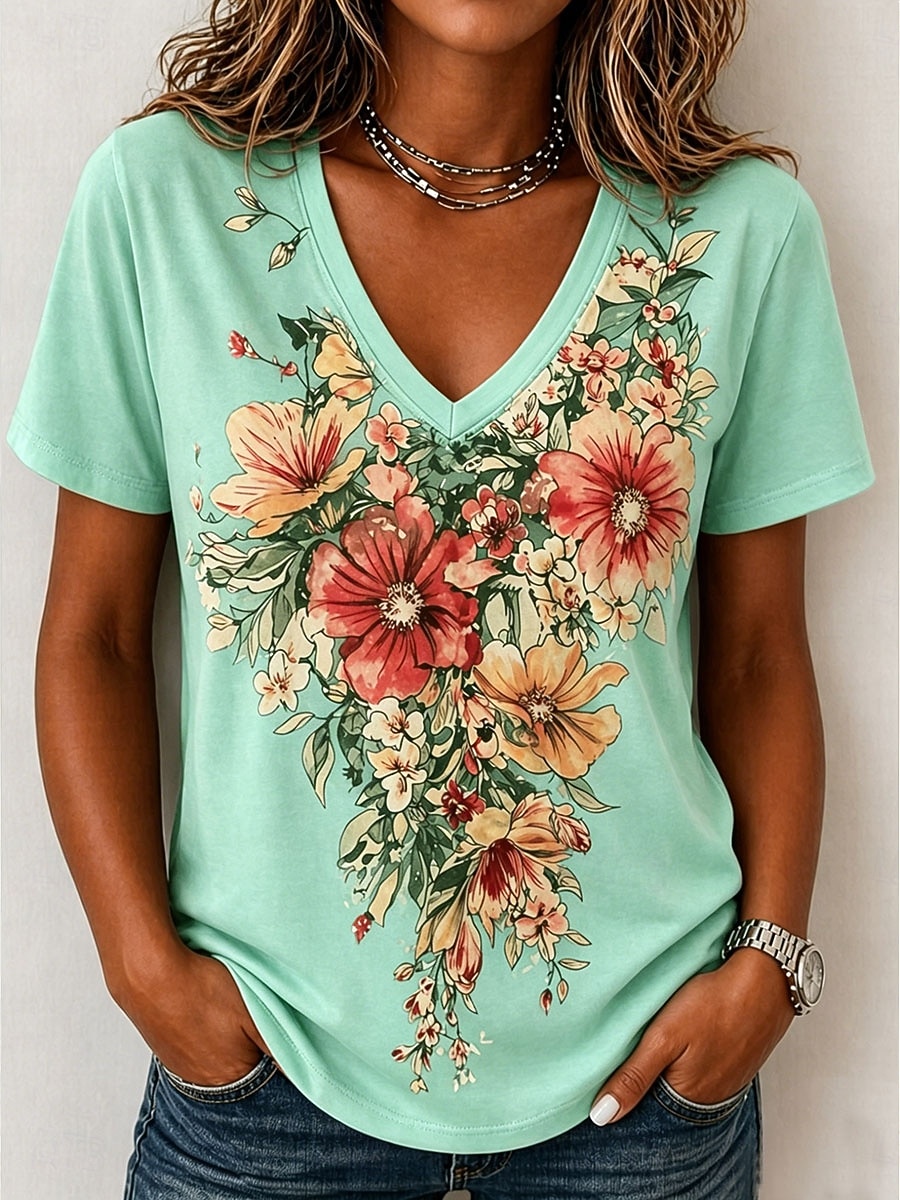 Per donna Maglietta Stampato Floreale Grafico Elegante Classico Casual Manica Corta Scollo a V Top Regolari Casuale Quotidiano Blu Rosa Viola Verde Beige Estate Primavera del 2026 a $21.99 –P4