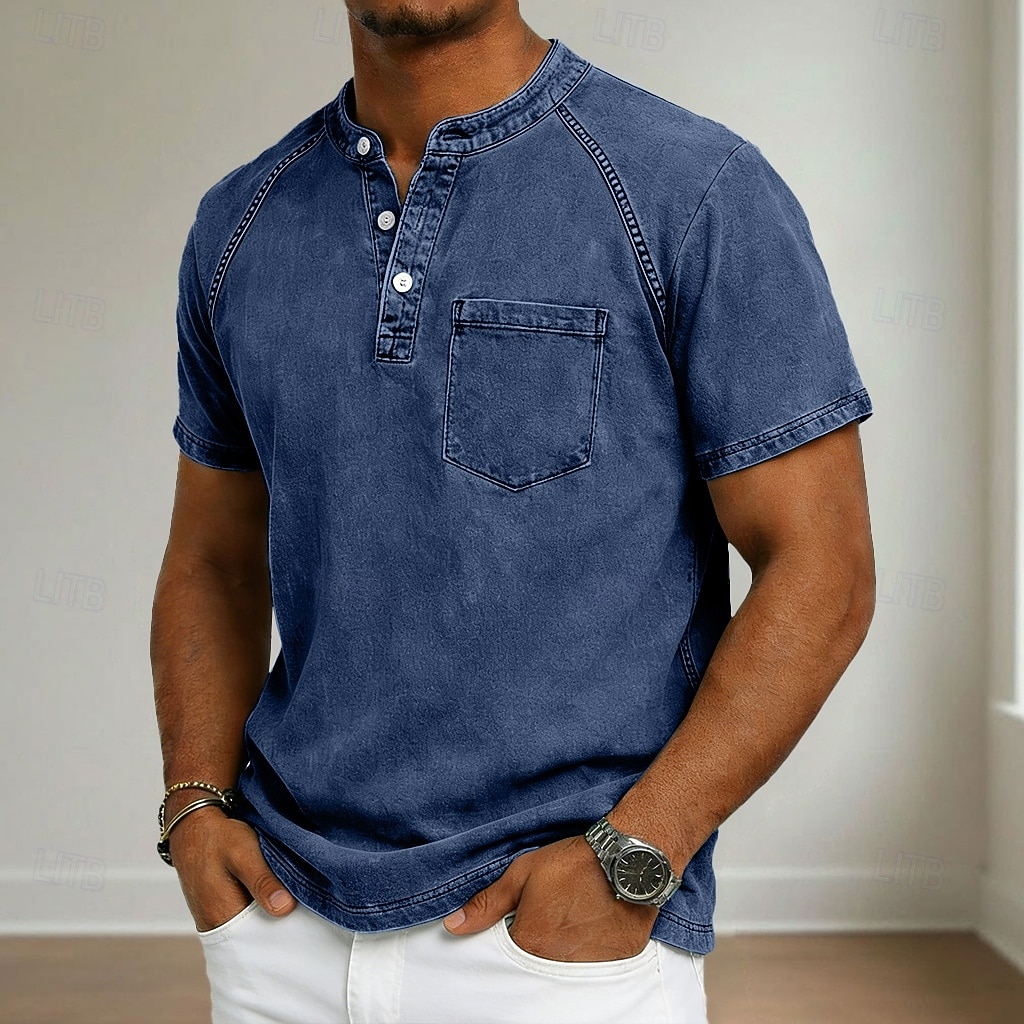 Ανδρικά Μπλουζάκι Πουκάμισο Henley Πουκάμισο 100% Cotton Acid Wash Μπλουζάκι μπλουζάκι Κοντομάνικο Χένλι Φθινόπωρο & Χειμώνας Καλοκαίρι Άνοιξη Σκέτο Βίντατζ Κομψό στυλ street Καθημερινό 2026 - $21.99 –P15