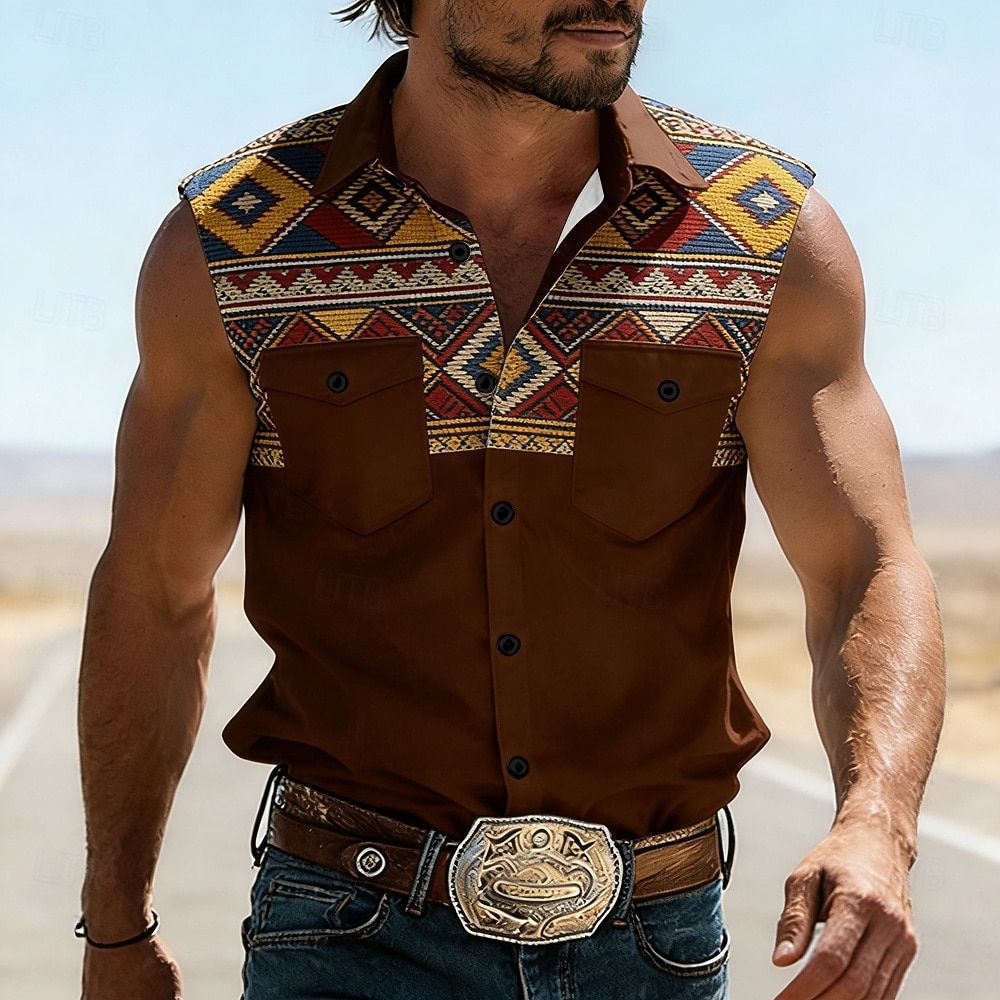 Men's Geometric Pattern Ethnic Western Shirt Cowboy Shirt Sleeveless Shirt Sleeveless Western Style Vintage Retro Outdoor Work Causal Summer Spring Turndown 3D Print Work Shirts Blue Army Green Brown 2026 - $25.99 –P4