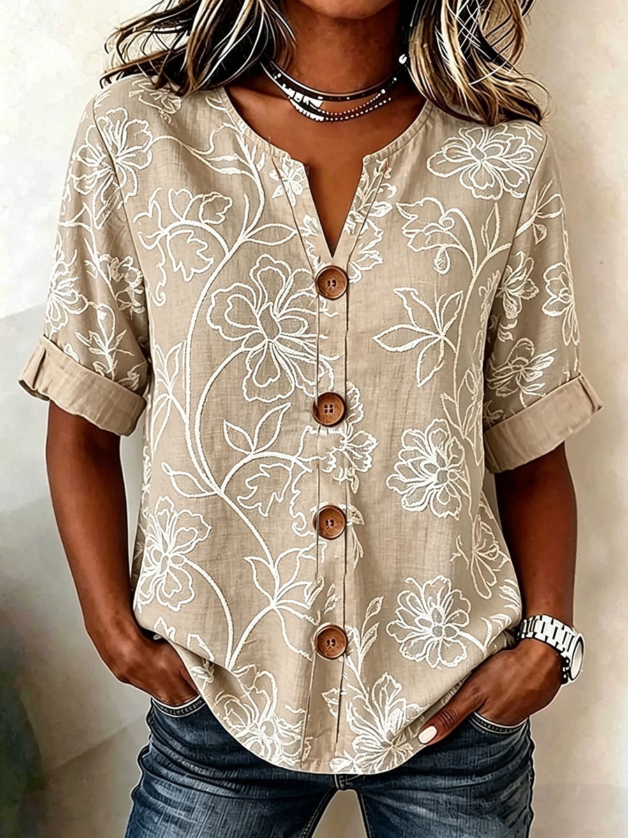 Dam Skjorta Mönster Blommig Grafisk Elegant Vintage Stylish Kortärmad Halvlång ärm V-hals Vanliga toppar Ledigt Dagligen Helgdag Blå Rodnande Rosa Grön Kaki Sommar Vår 2026 - $33.99 –P1