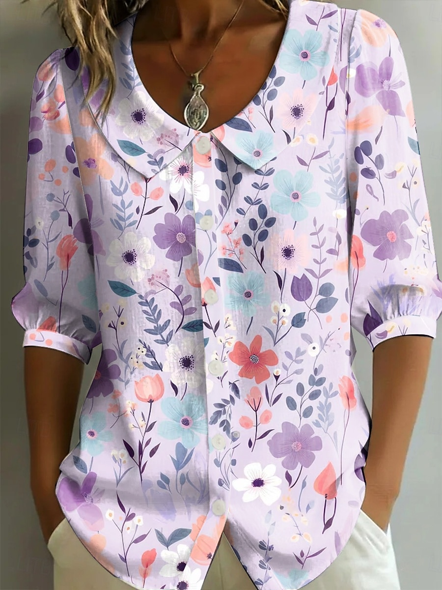 Mulheres Camisa Social Imprimir Floral Gráfico Férias à moda Básico Meia Manga Coleira Peter Pan Tops regulares Casual Diário Amarelo Roxo Laranja Verde Verão Primavera de 2026 por $34.99 –P4