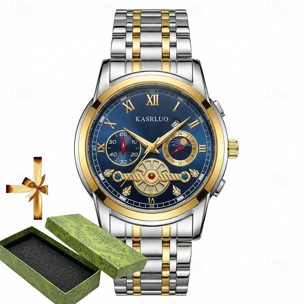 Montre homme à cadran bleu, montre-bracelet de luxe à phases de lune, montre analogique bicolore en acier inoxydable avec volant squelette &Coffret cadeau, cadeau élégant et étanche pour homme, argent de 2026 ? $25.99 –P1