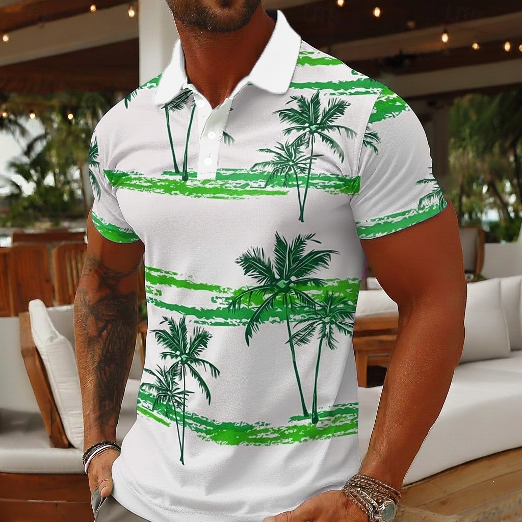 Men's Palm Tree Polo Shirts Short Sleeve Polo Shirts Collared Shirts Casual Athleisure Vacation Wear 3D Print Buttons Breathable Mesh Spring & Summer Blue Brown Green 2026 - $22.99 –P1