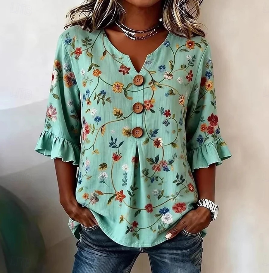 Semana Santa Mujer Camisa Floral Graphic Vintage Elegante Manga Larga Escote en Pico Tops largos Casual Diario Festivos Verde Trébol Beige Azul claro Verano Primavera 2026 - $32.99 –P1