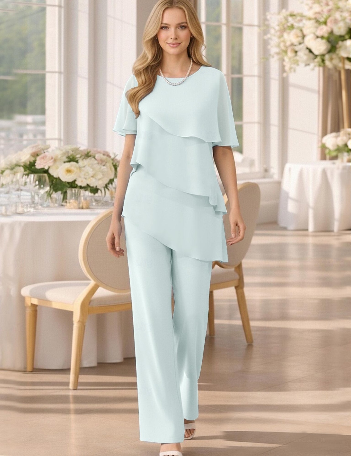 Tweedelig Broek Tot de grond Moeder van de bruid jurk Korte mouw Met sieraad Elegant Grote maten Bruiloft gast Chiffon met Gelaagde ruches 2026 - $160.99 –P4