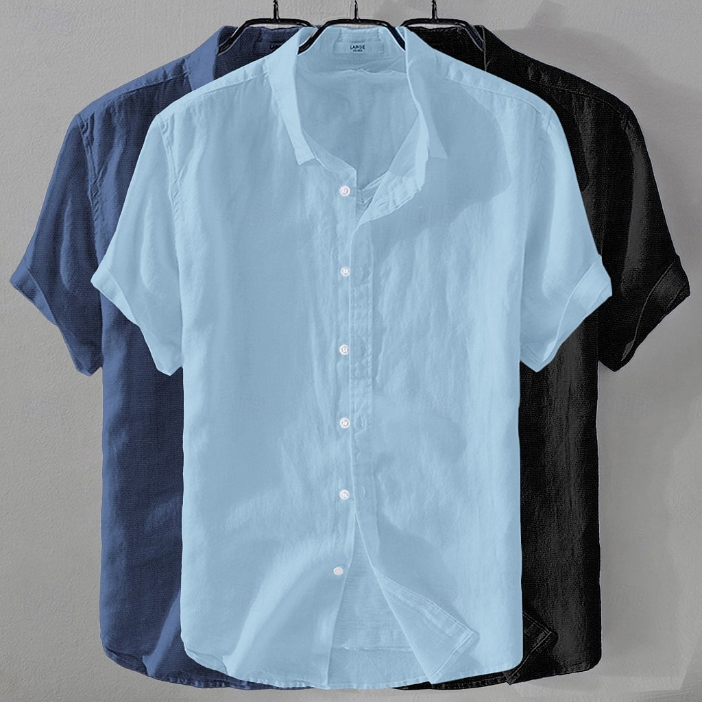 Per uomo Camicia Camicia di lino Camicia Estiva Abbigliamento da spiaggia Camicia con Bottoni Semplice Casuale Spiaggia Nero+Bianco+Grigio Blu navy + blu + bianco Kaki+Verde+Blu navy Blu navy + blu del 2026 a $41.99 –P10