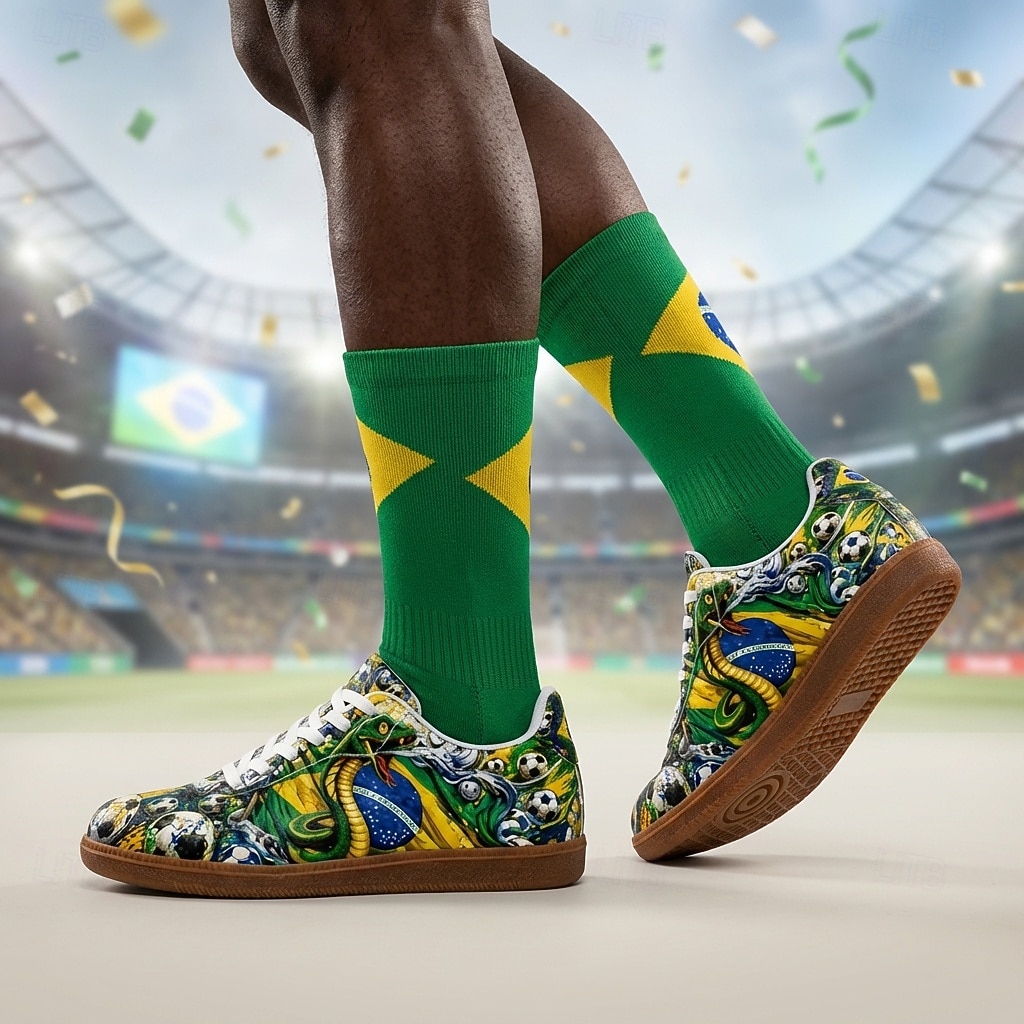 2026年 メンズ ブラジル国旗 サッカープリント カジュアルスニーカー レースアップ 軽量 快適 ウォーキングシューズ サッカーファン向けシューズ 試合観戦、スタジアム応援、スポーツイベント、旅行、ストリートウェアに最適  コレクション – $54.99 –P2