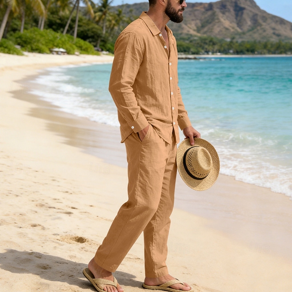 Homme Chemise en lin Deux pièces Ensemble Chemise Et Pantalons en Lin Pantalons Pantalon décontracté Set Uni Quotidien Extérieur Plage Col Rabattu manche longue Été Printemps Mode Occasionnel de 2026 ? $41.99 –P20