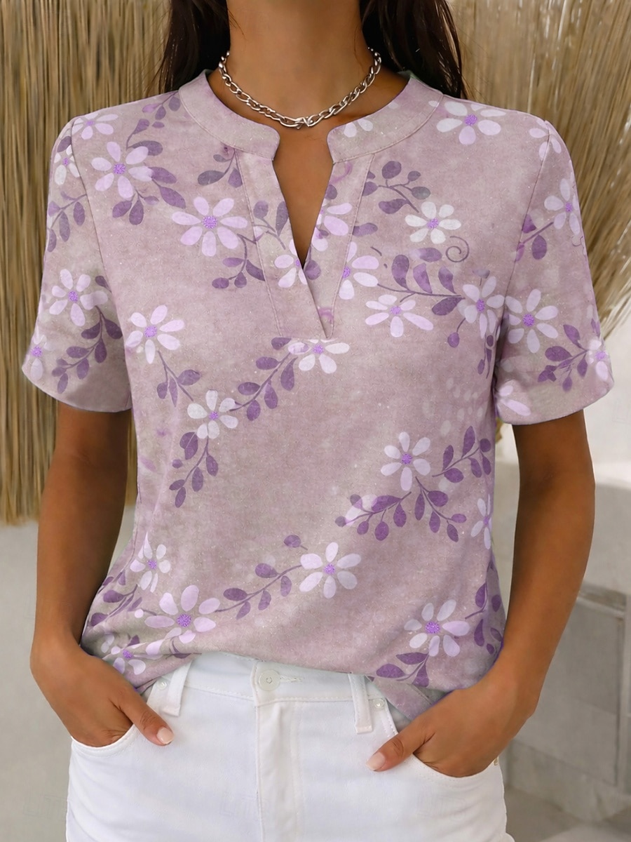 Femmes Chemise Imprimé Fleuri Graphique ancien Élégant Moderne Manche Courte Col en V Col montant Hauts Réguliers Occasionnel Quotidien Bleu Rose Claire Violet Vert Été Printemps de 2026 ? $21.99 –P4