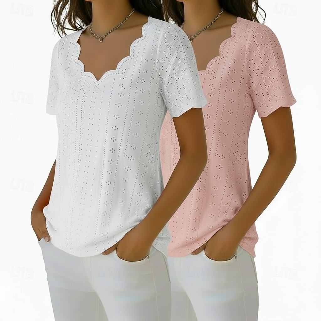 pachete multiple 2 buc bluză textură top cu ochiuri tricou simplu elegant de bază clasic mânecă scurtă decolteu în V topuri obișnuite casual zilnic plajă galben+negru 2026 - $38.99 –P2