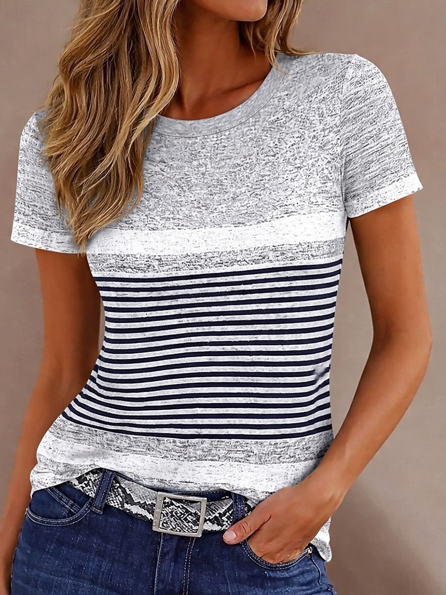 Dam T-shirt Färgblock Mönster Grafisk Geometrisk Randig Vintage Mode Stylish Kortärmad Rund hals Vanliga toppar Dagligen Blå Gul Brun Grå Sommar Vår 2026 - $21.99 –P5