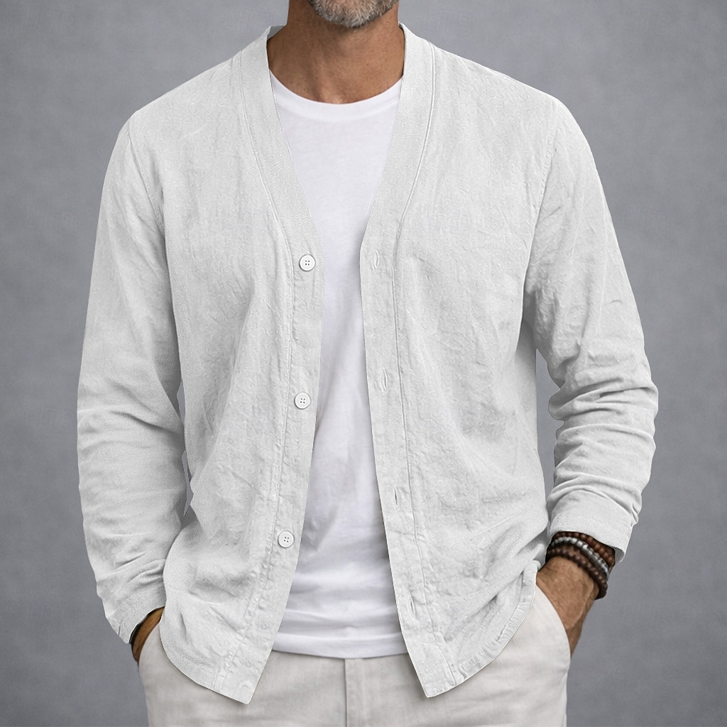 Herren Leinenhemd Sommerhemd Strandbekleidung Knopfhemd Strickjacke Einfach Lässig Urlaub Blau Schwarz Weiß Khaki Langarm V Ausschnitt Sommer Frühling Bekleidung 2026 - $24.99 –P2
