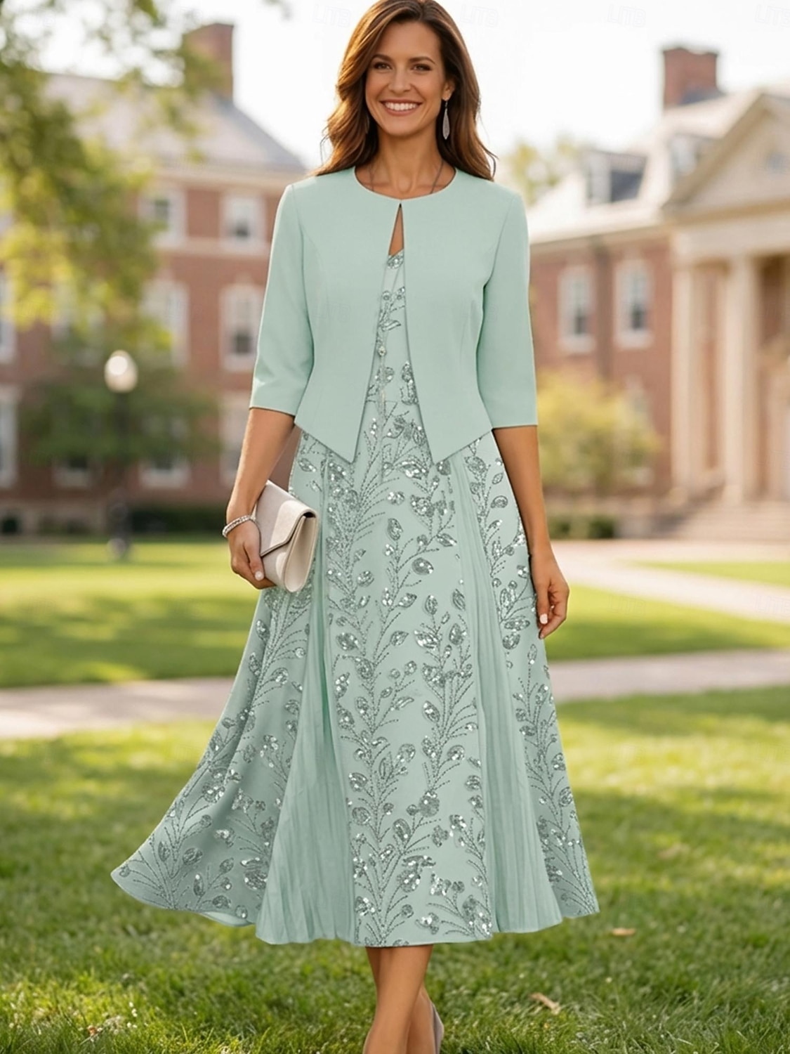 Due Pezzi Linea ad A Lunghezza Tè Abito da invitata a nozze Abito da cerimonia per signora Manica Corta Scollo a V Elegante Semplice Lussuoso Formale Ospite di nozze Chiffon Crêpe con Pizzo Perline del 2026 a $206.99 –P1