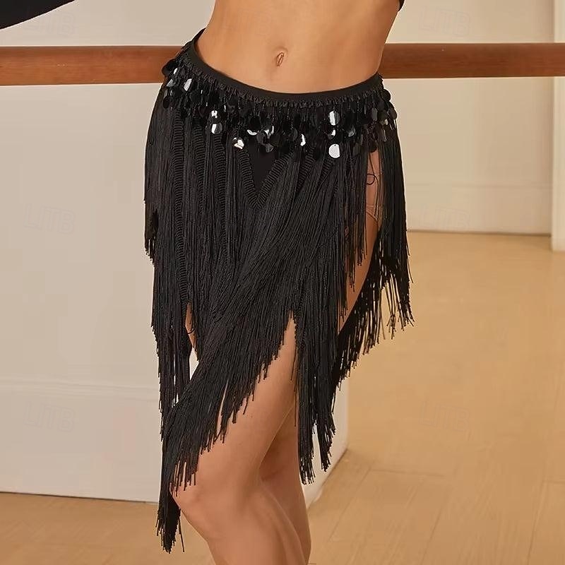 Women's Latin Dance Practice Set - Long Sleeve Tie-Front Wrap Top & Asymmetrical Sequin Fringe Skirt 2026 - $224.19 –P6