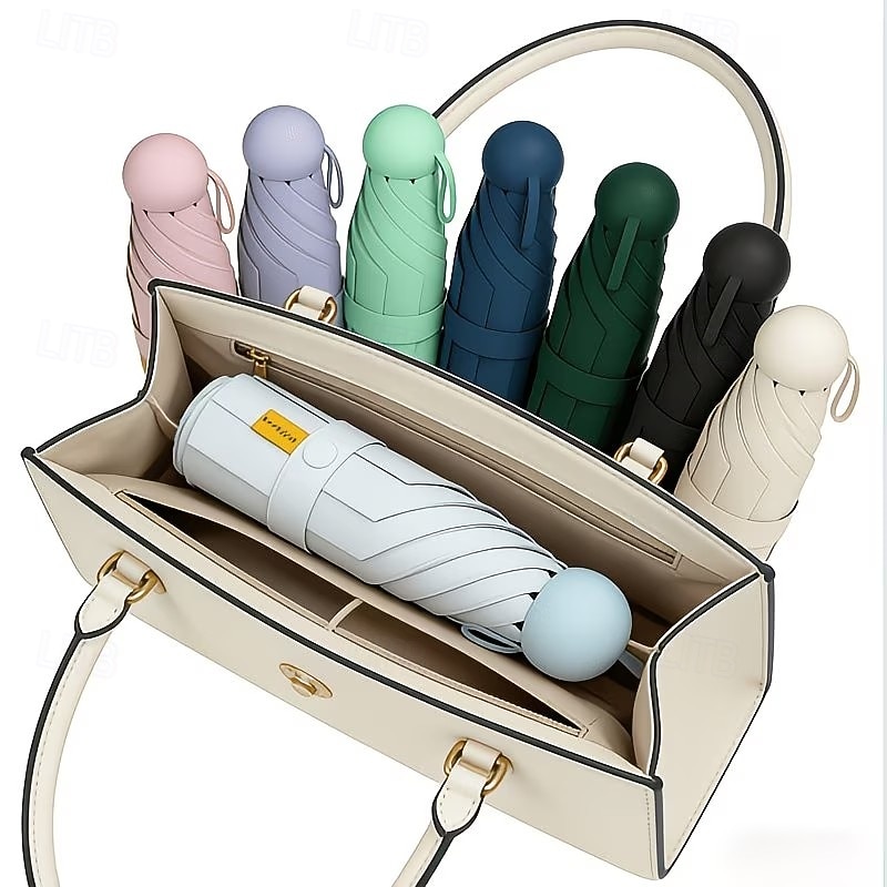 Sammenleggbar kapselparaply med seks ribber, svart, UV-bestandig, ultralett, egnet for både regn og solskinn, UPF50-tilbud, for daglig pendling, shopping, korte turer, reise, piknik 2026 - $15.49 –P8