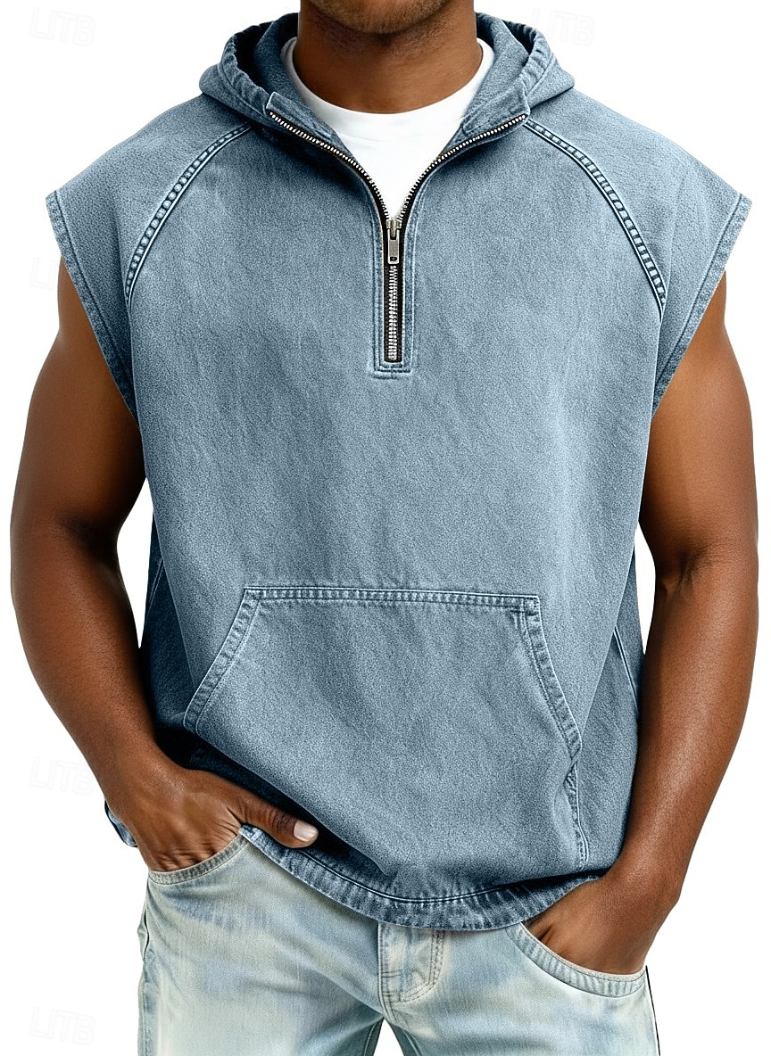 SoftFade™ Canotta da uomo top in denim camicia lavaggio acido maglietta senza maniche cappuccio zip estate primavera semplice base tinto in capo casual vacanza strada nero verde chiaro khaki top del 2026 a $31.99 –P4