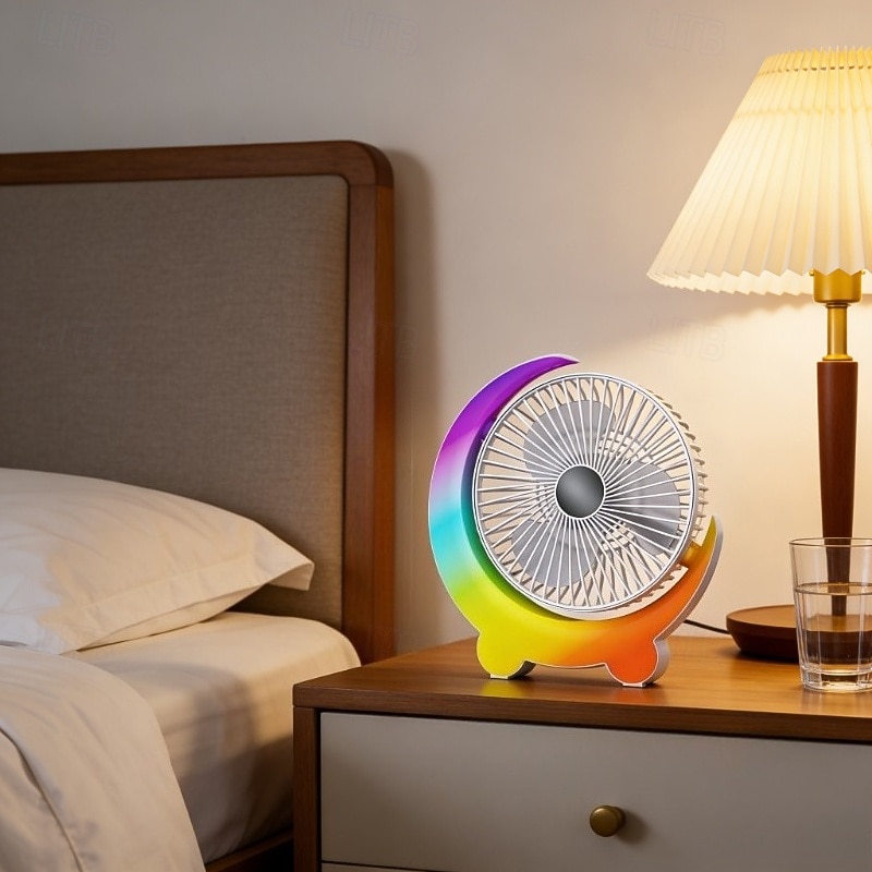 Moon Shaped Desk Fan with Rainbow RGB LED Light, 3-Speed Quiet Personal USB Table Fan for Office Bedroom Nightstand, Rechargeable Battery Operated Small Fan for Kids Dorm, Colorful Cooling Gift 2026 - $33.99 –P7