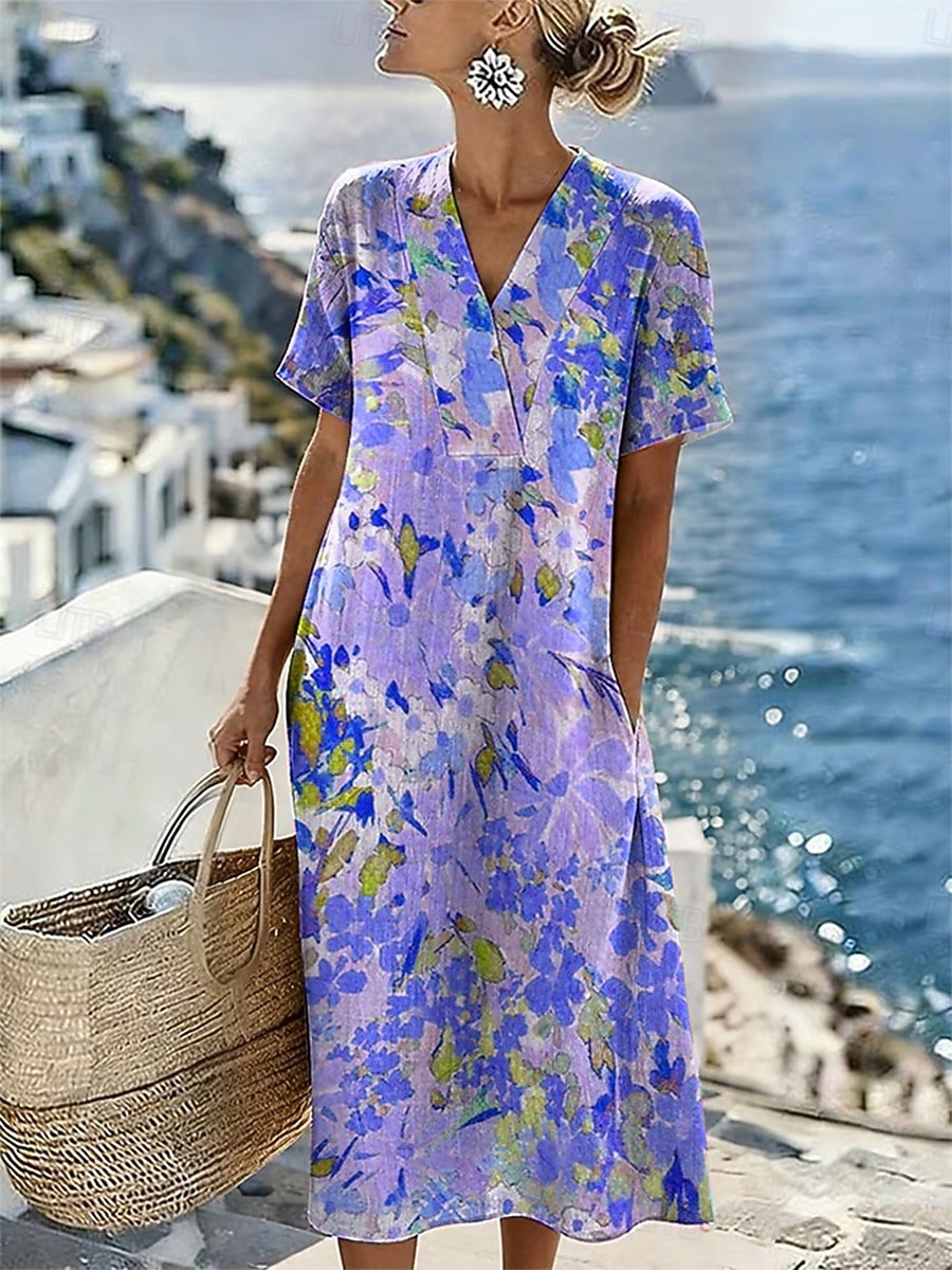 Damen Midikleid Sommerkleid Freizeitkleid Urlaub Lässig Strand Strand Lässiger Schnitt Blumen Grafik Kurzarm V Ausschnitt Blau Gelb Rosa Purpur Sommer Frühling 2026 - $39.99 –P4