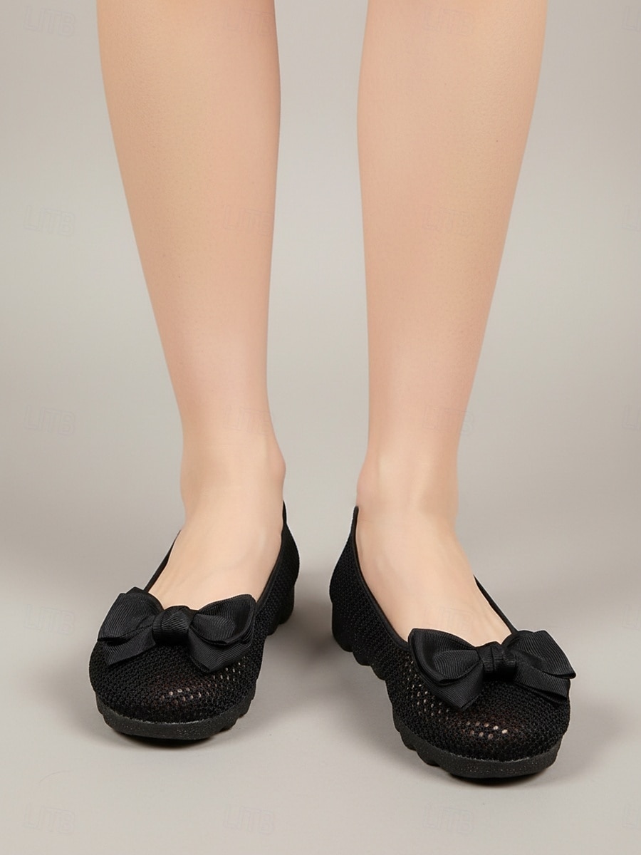Ballerines noires en maille pour femme, respirantes, ornées d'un nœud décoratif, à enfiler, confortables et décontractées, idéales pour le bureau et le quotidien. & été de 2026 ? $19.99 –P2