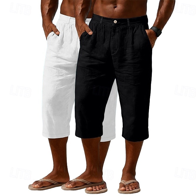 Homme Shorts Capri Shorts en Lin Short décontracté Avec Poches Taille Élastique Uni Confort Respirant Longueur mollet Quotidien Extérieur Plage Vacances Mode Noir + Bleu Marine Bleu Marine + Gris Non de 2026 ? $33.99 –P11