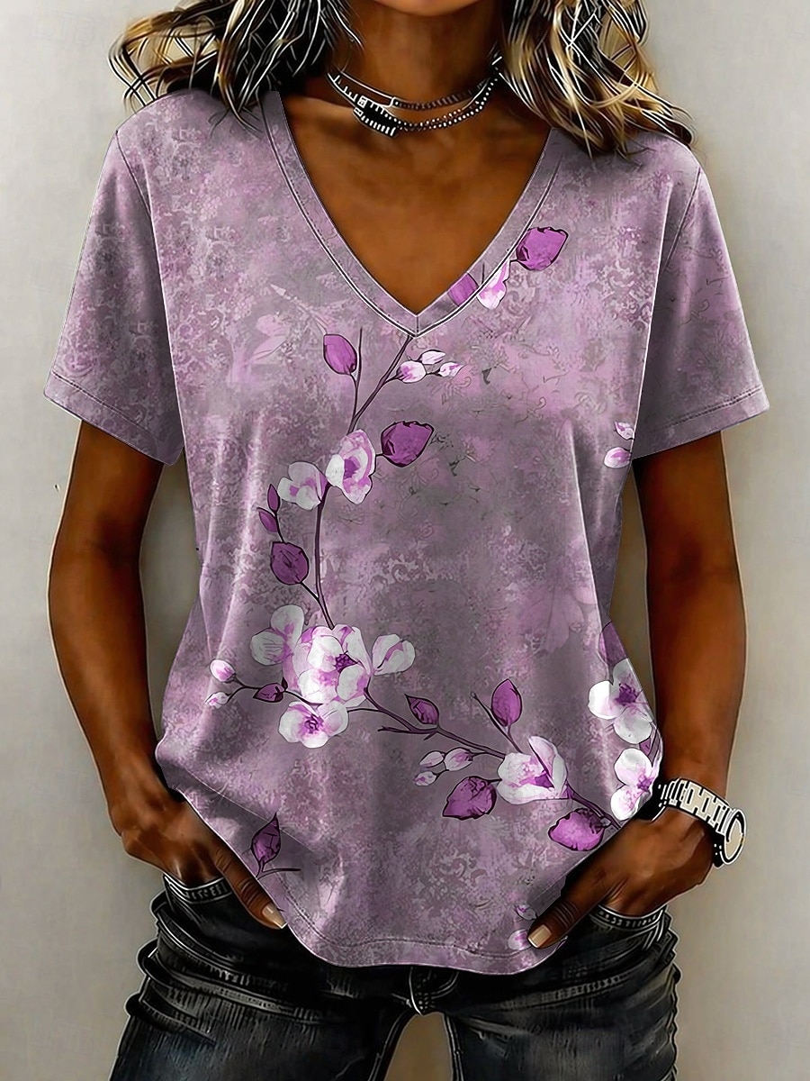 Per donna Maglietta Stampato Floreale Grafico Elegante Classico Casual Manica Corta Scollo a V Top Regolari Casuale Quotidiano Blu Rosa Viola Verde Estate Primavera del 2026 a $22.99 –P3